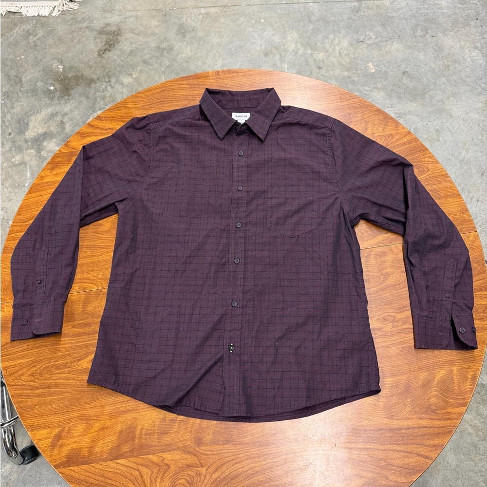 Haggar Men's Deep Purple Casual Button Down Shirt